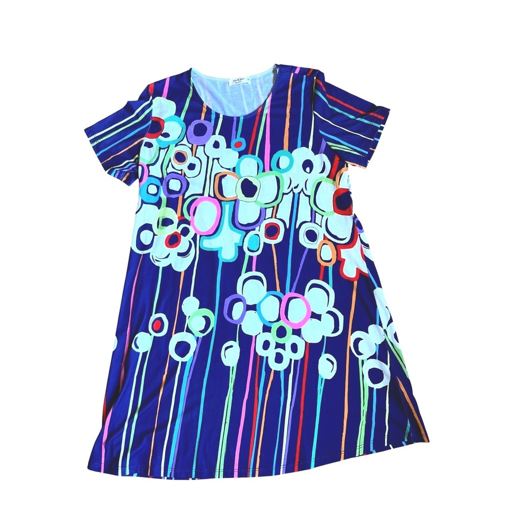 Jess & Jane Vibrant Floral Striped Tunic Dress M USA Psychedelic Lagenlook Retro